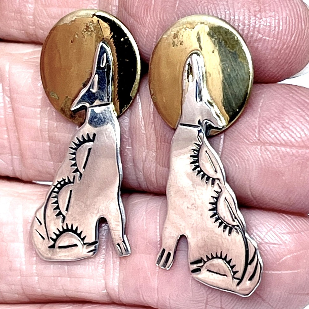 VTG Navajo Howling Wolf Earrings Moon Sterling Brass Stud Post Coyote Native USA